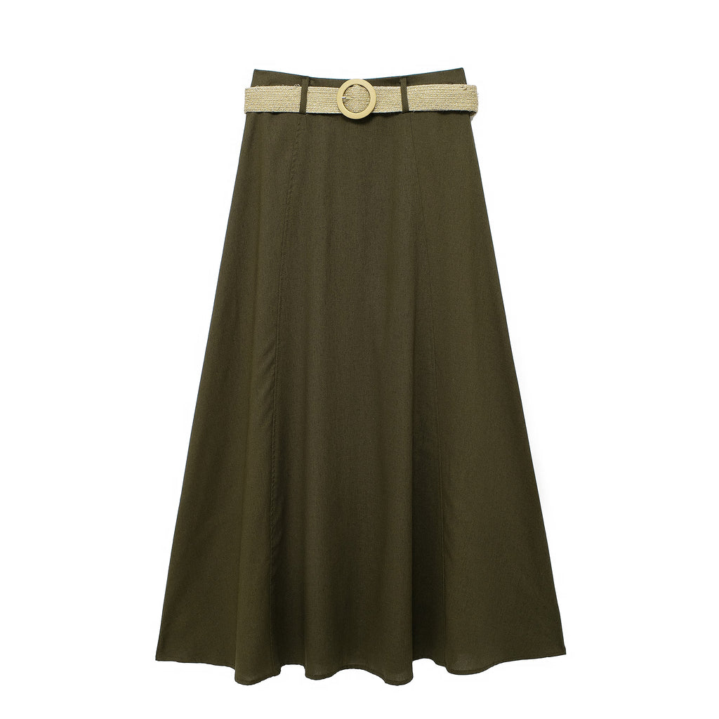 Women's Spring With Belt Linen Blend Cloak Midi Skirt
