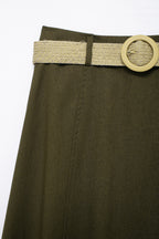 Women's Spring With Belt Linen Blend Cloak Midi Skirt