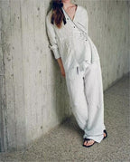 Women's Casual Set Striped Kimono Shirt Straight Leg Pants