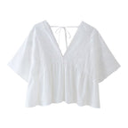 Women's Summer Women Clothing Simple V Neck Embroidery Short Top