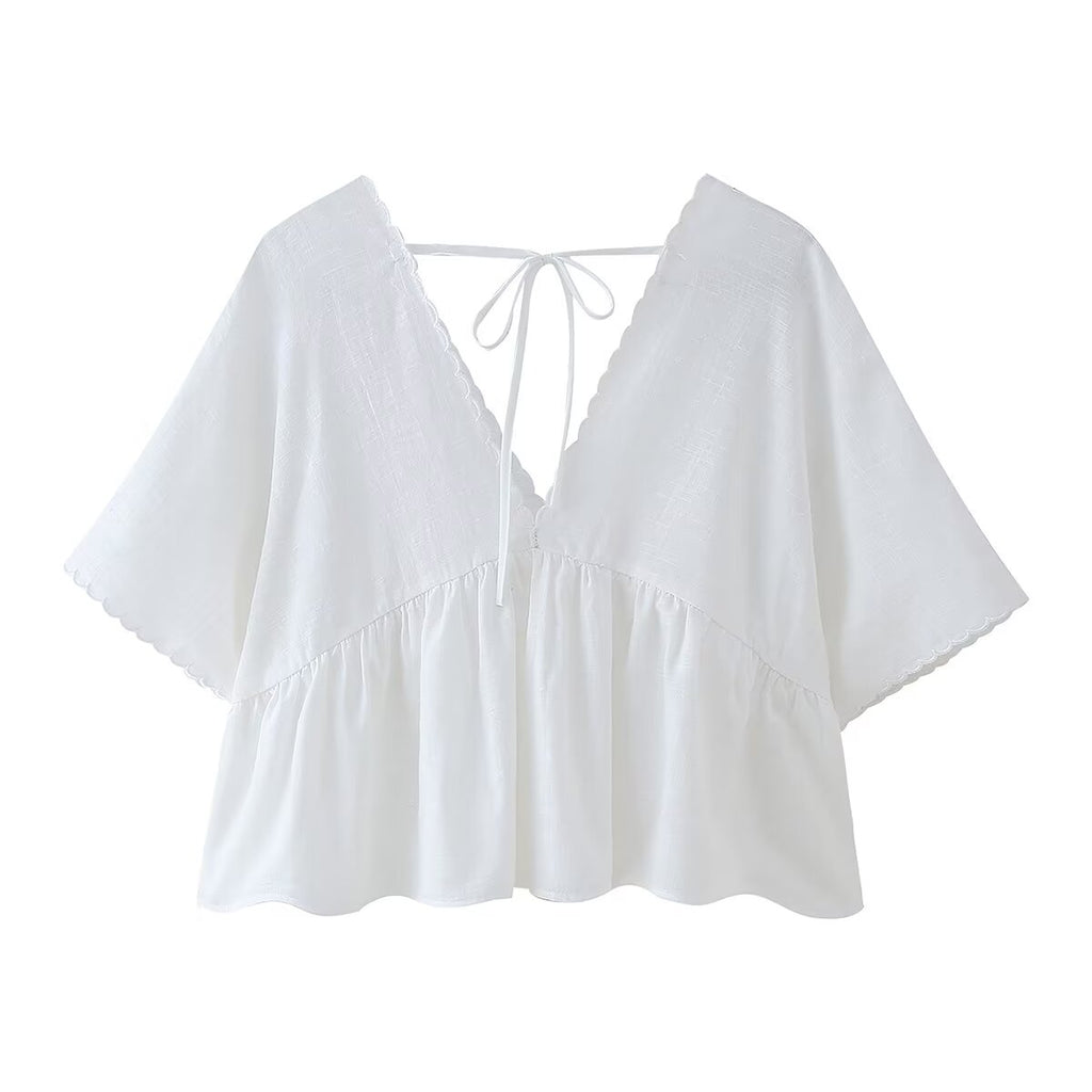 Women's Summer Women Clothing Simple V Neck Embroidery Short Top