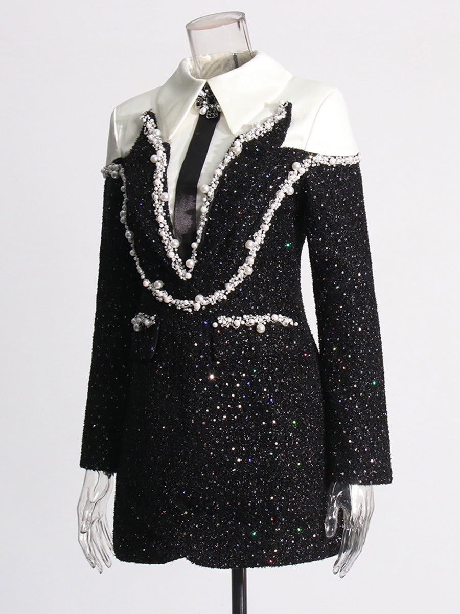Autumn Private Chanel Collared Patchwork Beaded Sequin Woolen Slim A-Line