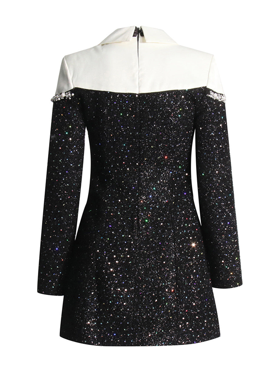 Autumn Private Chanel Collared Patchwork Beaded Sequin Woolen Slim A-Line