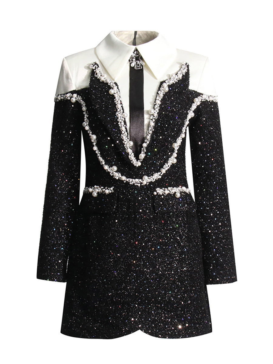 Autumn Private Chanel Collared Patchwork Beaded Sequin Woolen Slim A-Line