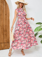 Women's Crew-Neck Floral Backless Tie Maxi Dress