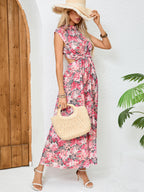 Women's Crew-Neck Floral Backless Tie Maxi Dress