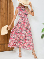 Women's Crew-Neck Floral Backless Tie Maxi Dress