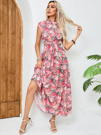 Women's Crew-Neck Floral Backless Tie Maxi Dress