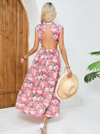 Women's Crew-Neck Floral Backless Tie Maxi Dress