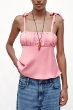 Women's Bowknot Decoration Pleated Satin Textured Top