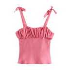 Women's Bowknot Decoration Pleated Satin Textured Top