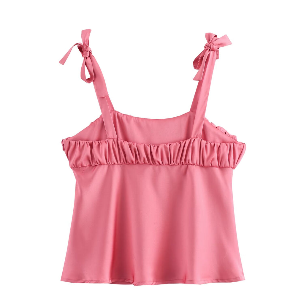 Women's Bowknot Decoration Pleated Satin Textured Top
