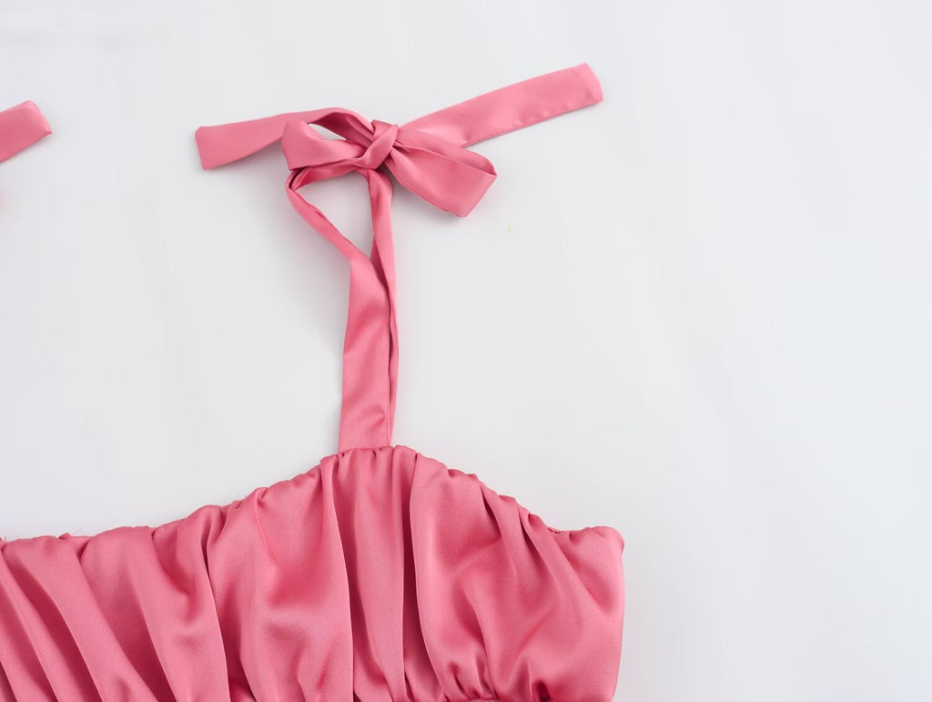 Women's Bowknot Decoration Pleated Satin Textured Top
