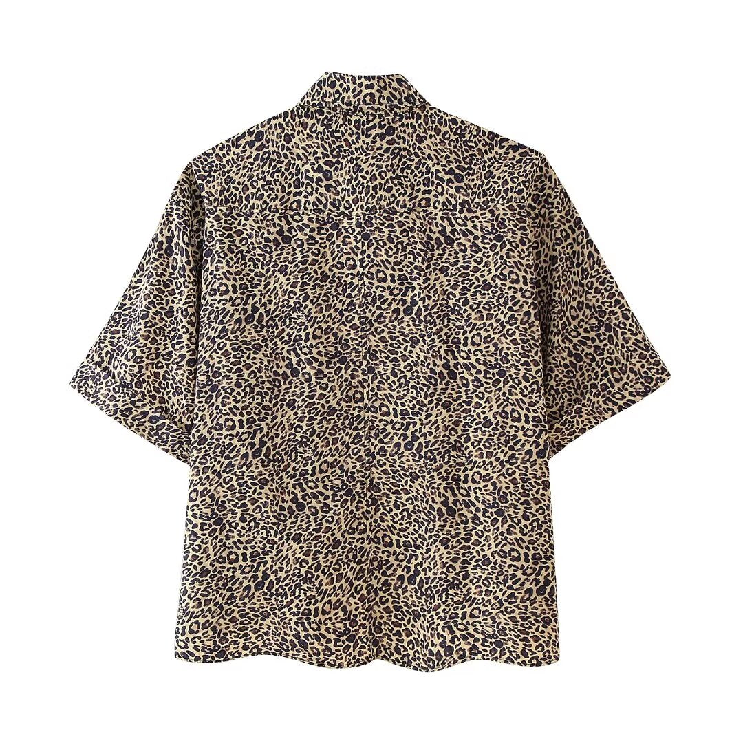 Women's Summer Animal Pattern Printed Poplin Shirt Shorts Suit