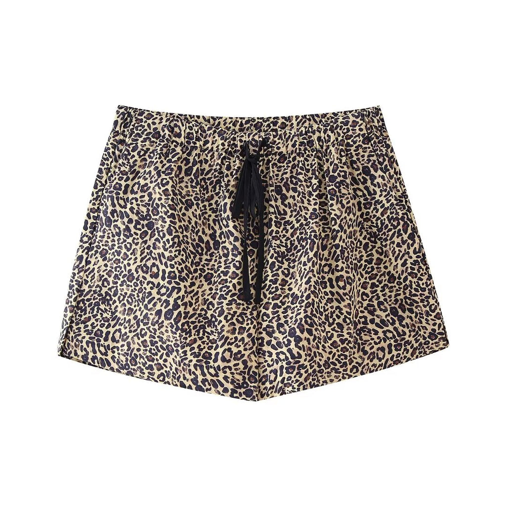 Women's Summer Animal Pattern Printed Poplin Shirt Shorts Suit