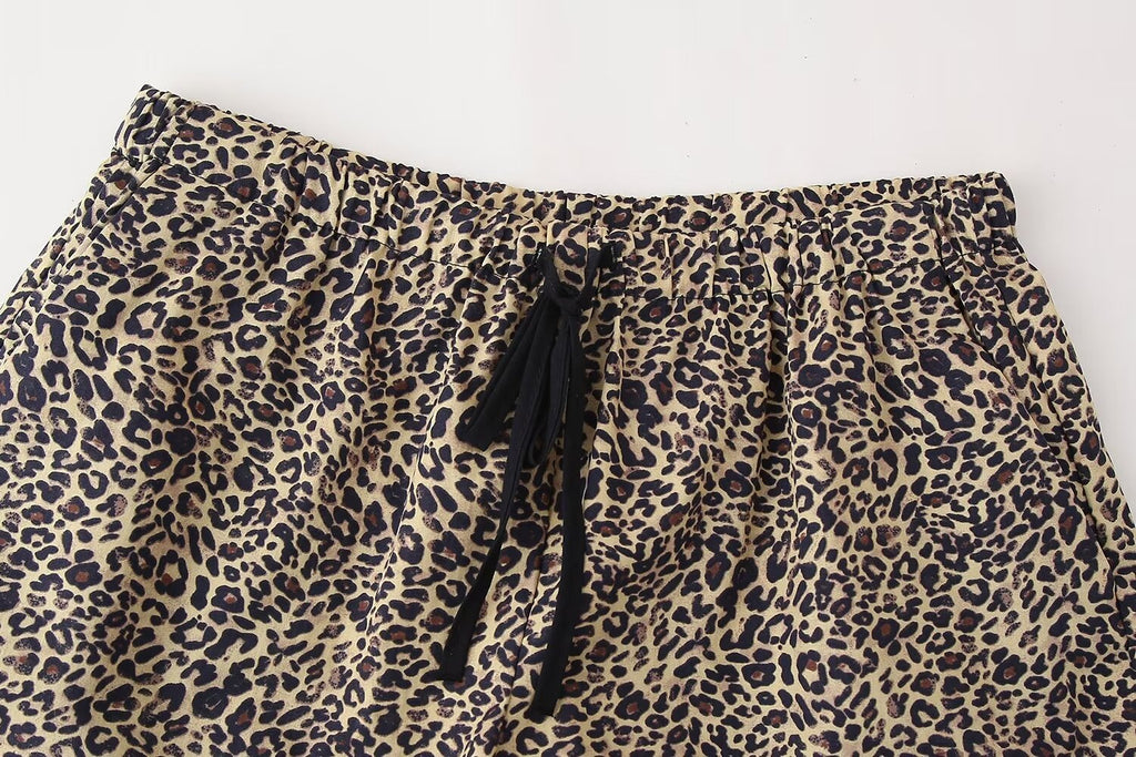 Women's Summer Animal Pattern Printed Poplin Shirt Shorts Suit