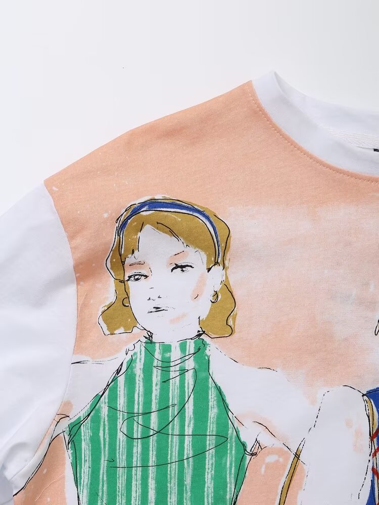 Women's Spring Casual Round Neck Pullover Girl Pattern T Shirt