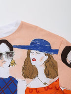 Women's Spring Casual Round Neck Pullover Girl Pattern T Shirt