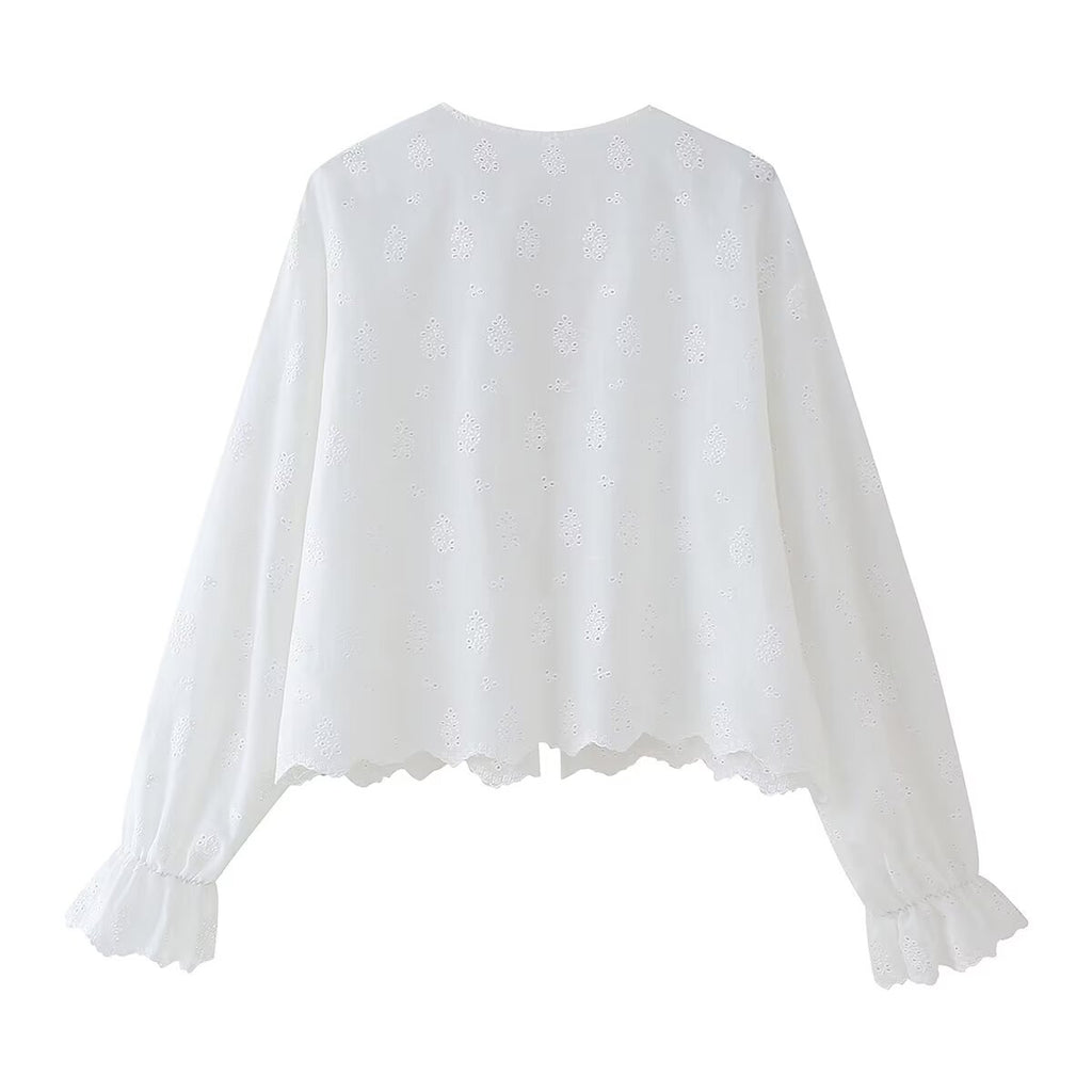Women's Spring Women Hollow Out Cutout Out Embroidery Tie Neck Shirt Long Sleeve Top