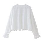 Women's Spring Women Hollow Out Cutout Out Embroidery Tie Neck Shirt Long Sleeve Top