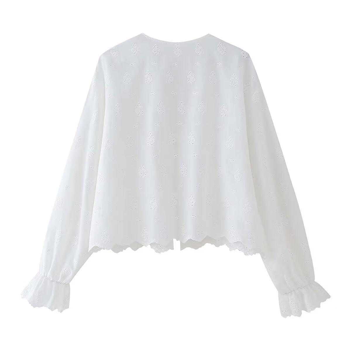Women's Spring Women Hollow Out Cutout Out Embroidery Tie Neck Shirt Long Sleeve Top