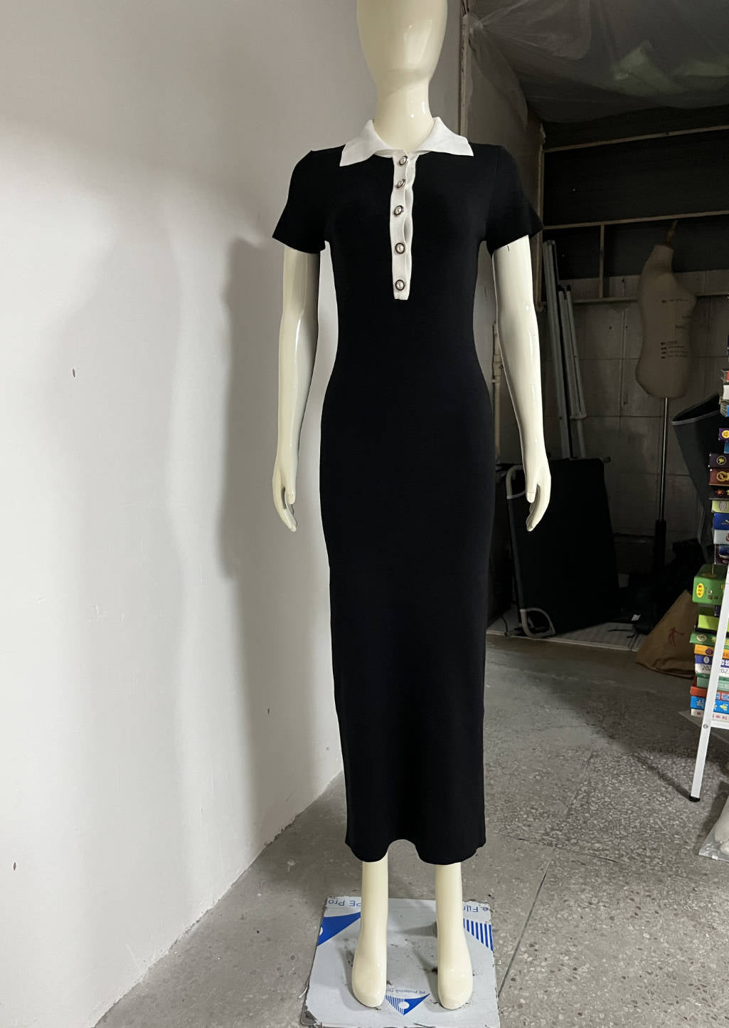 Collared Button Short-Sleeve Knit Bodycon Maxi Dress