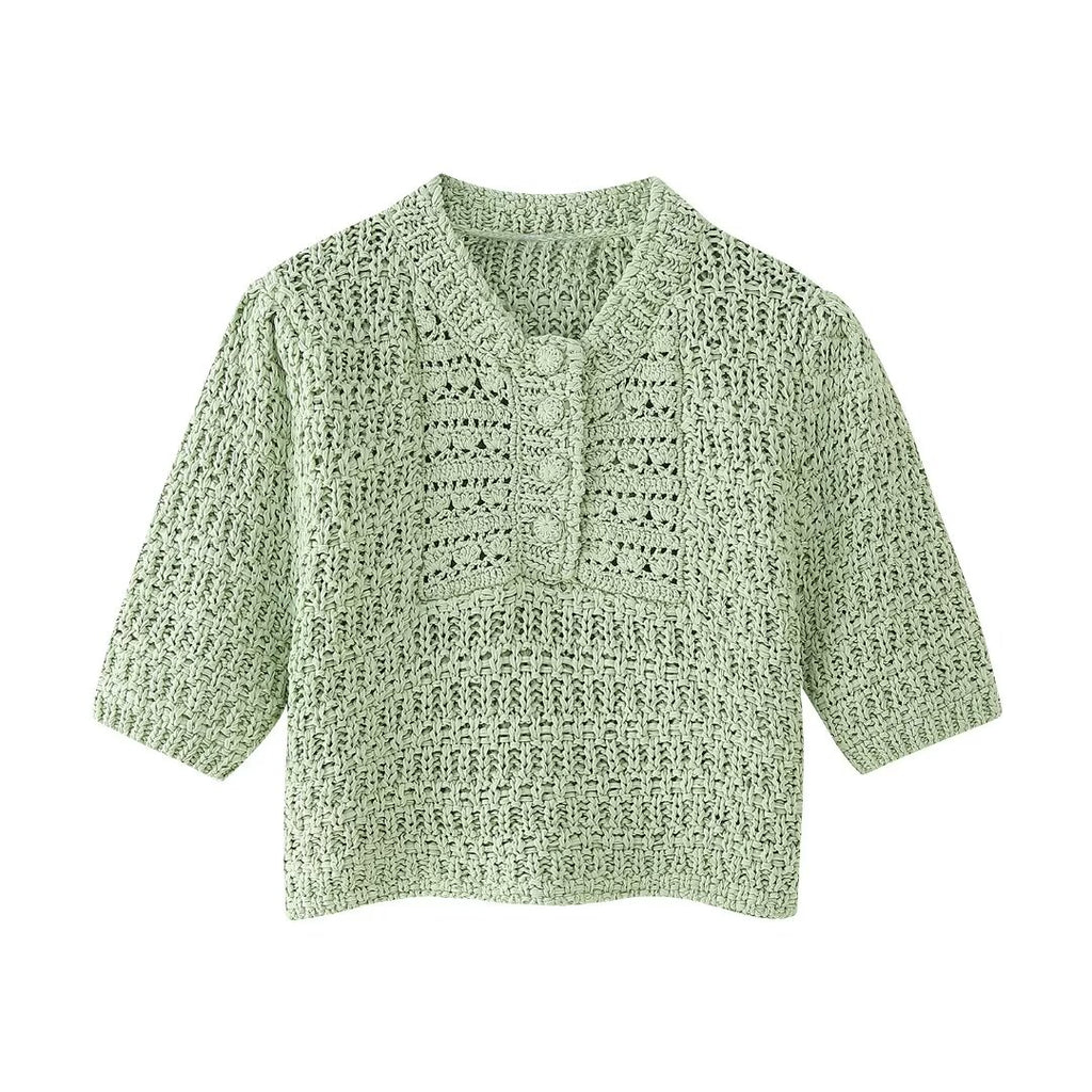 Women’s Green V Neck Button Cutout Knit Top