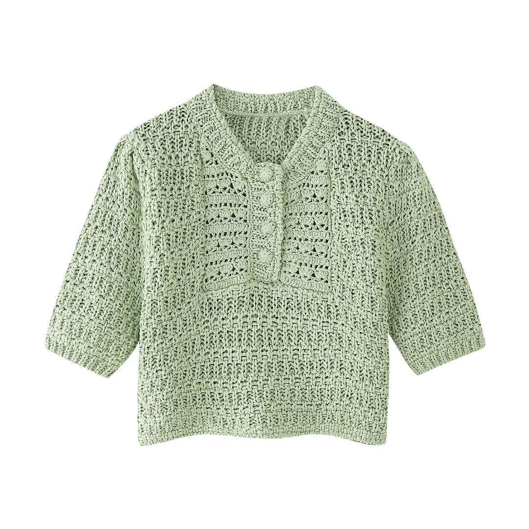 Women’s Green V Neck Button Cutout Knit Top