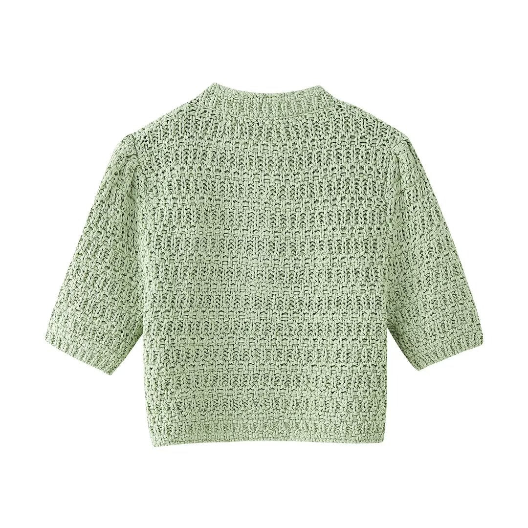 Women’s Green V Neck Button Cutout Knit Top