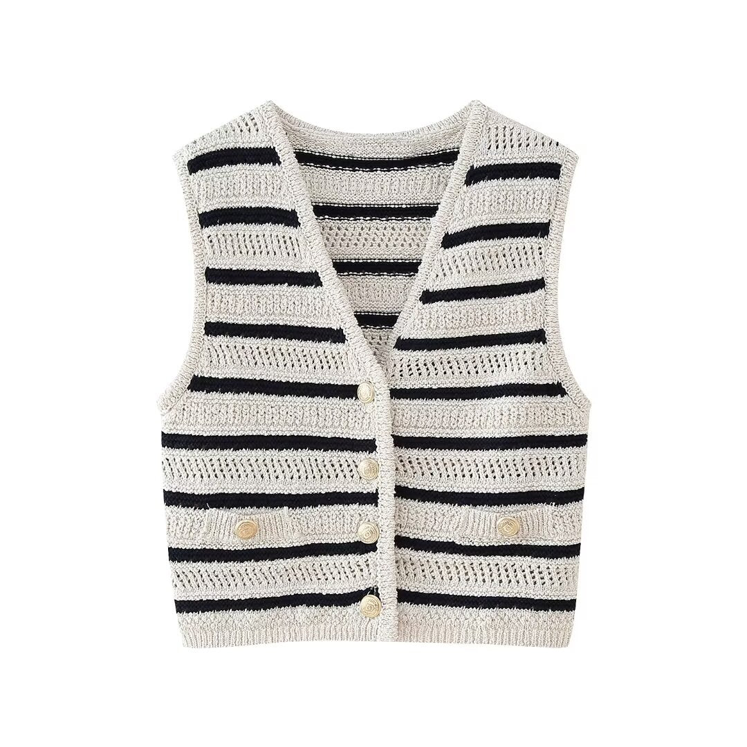 Women's Striped V-Neck Knitted Vest Top