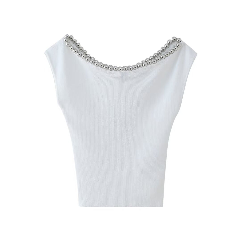Women’s White Beaded Sleeveless Statement Top