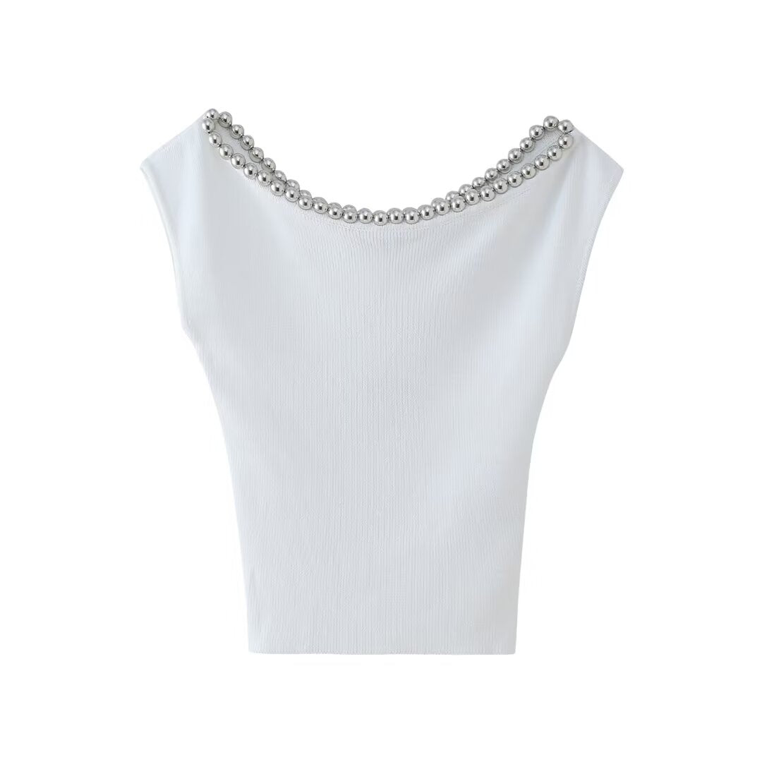 Women’s White Beaded Sleeveless Statement Top
