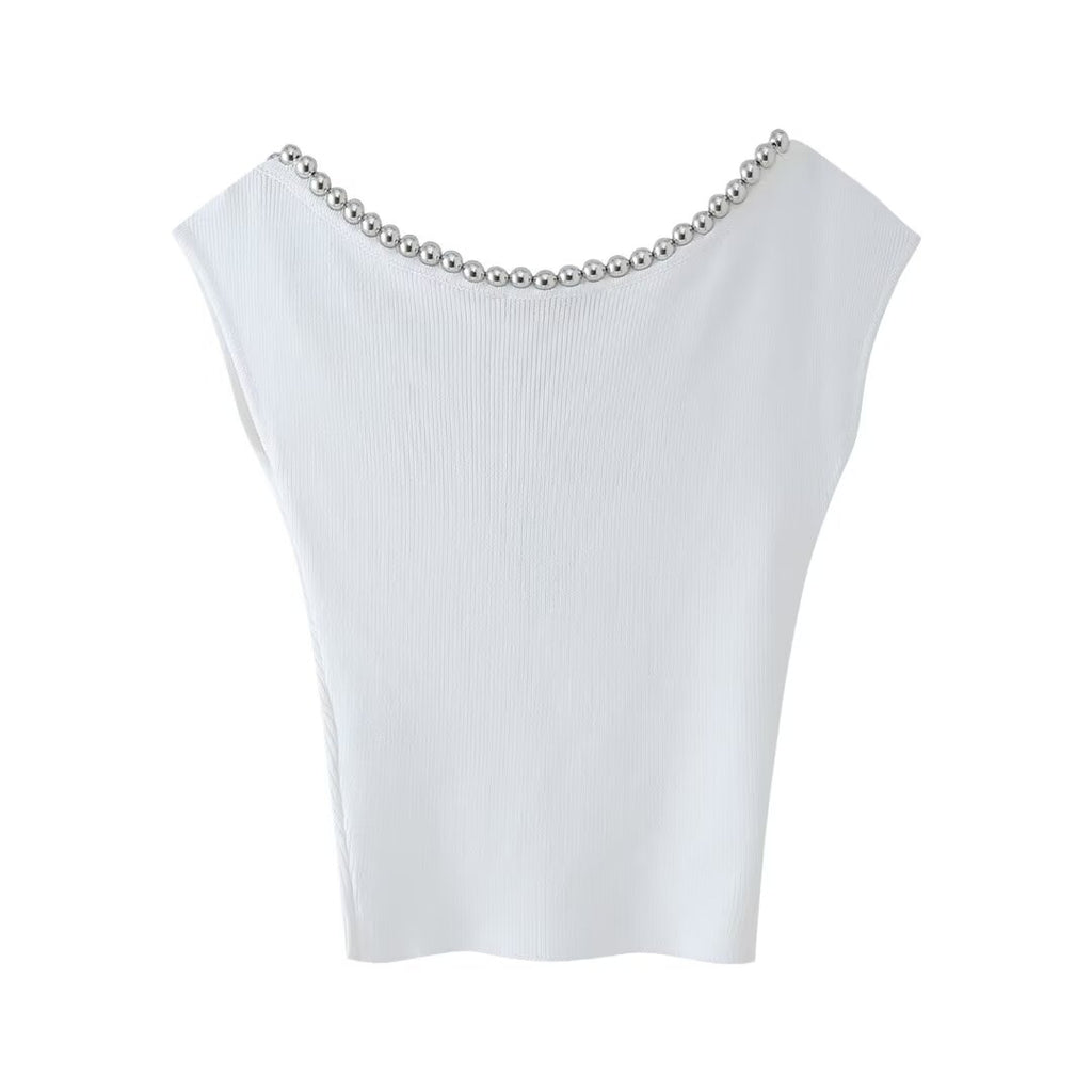 Women’s White Beaded Sleeveless Statement Top