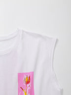 Women's Summer Women Clothing Stylish Simple Round Neck Sleeveless Printed T Shirt