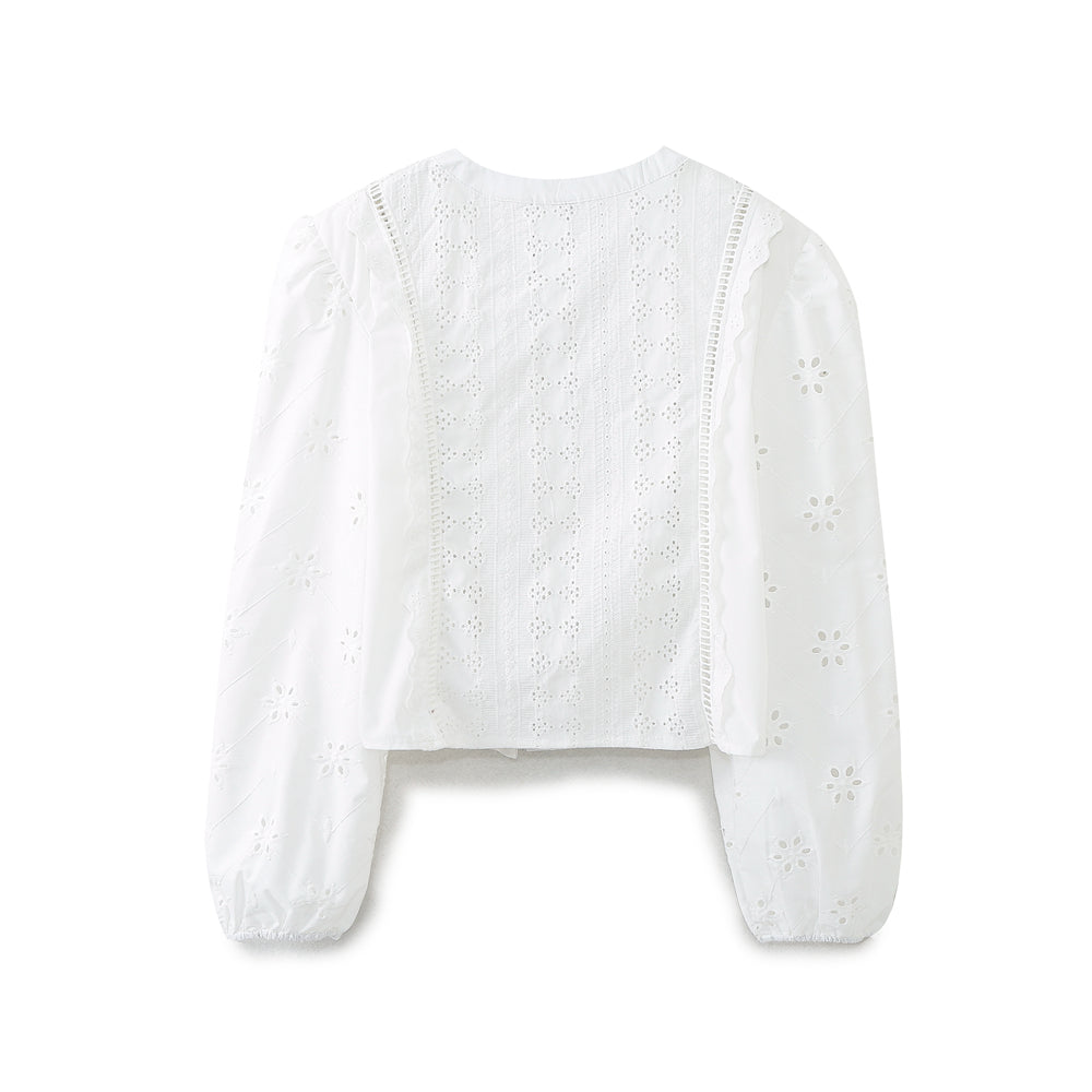 Women's French Hollow Out Cutout Embroidered Long Sleeve Shirt