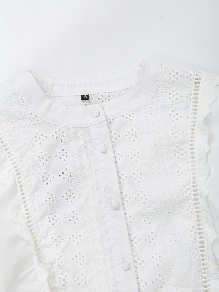 Women's French Hollow Out Cutout Embroidered Long Sleeve Shirt