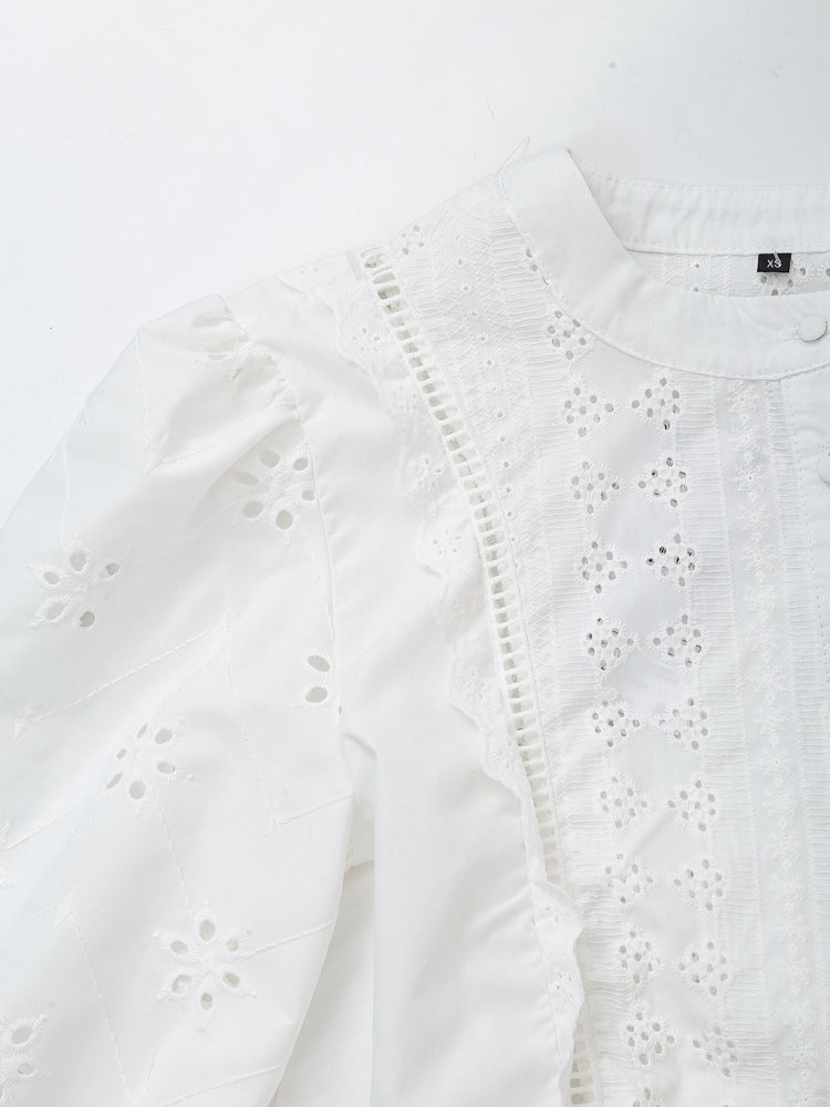 Women's French Hollow Out Cutout Embroidered Long Sleeve Shirt