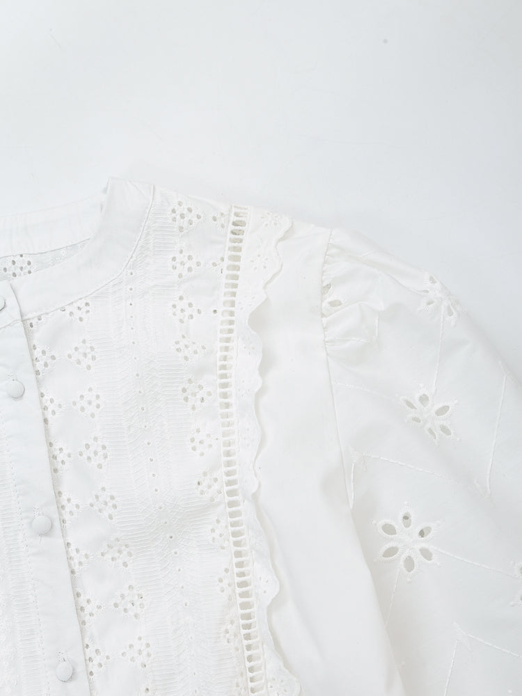 Women's French Hollow Out Cutout Embroidered Long Sleeve Shirt