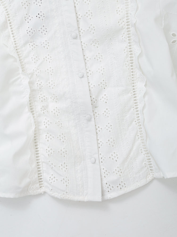 Women's French Hollow Out Cutout Embroidered Long Sleeve Shirt