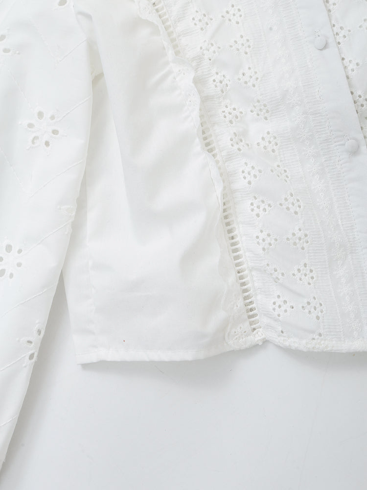 Women's French Hollow Out Cutout Embroidered Long Sleeve Shirt
