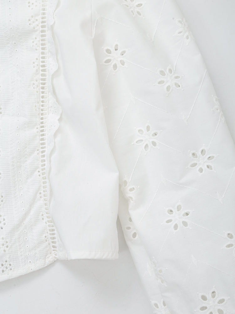 Women's French Hollow Out Cutout Embroidered Long Sleeve Shirt