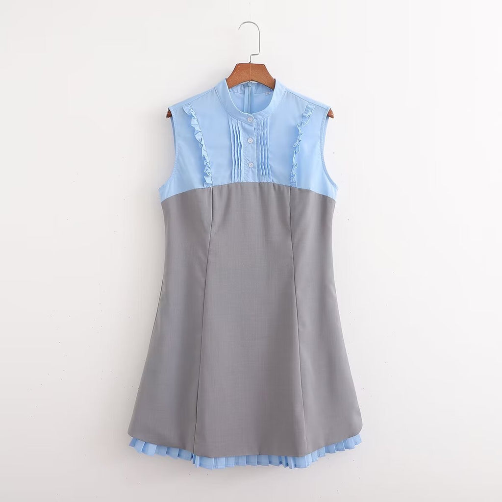 Women's Blue-gray Contrast-stitch Waist-detail Dress