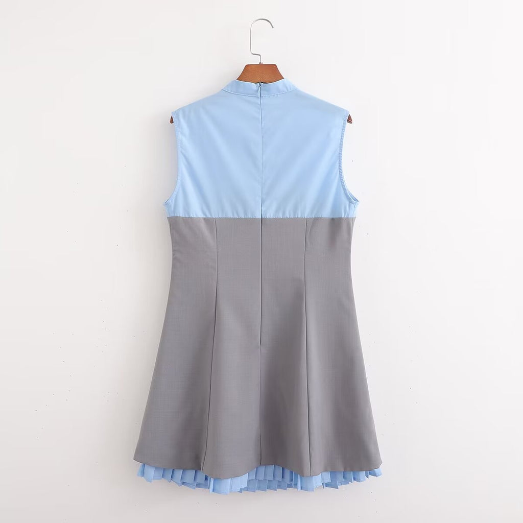 Women's Blue-gray Contrast-stitch Waist-detail Dress