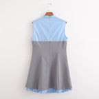 Women's Blue-gray Contrast-stitch Waist-detail Dress