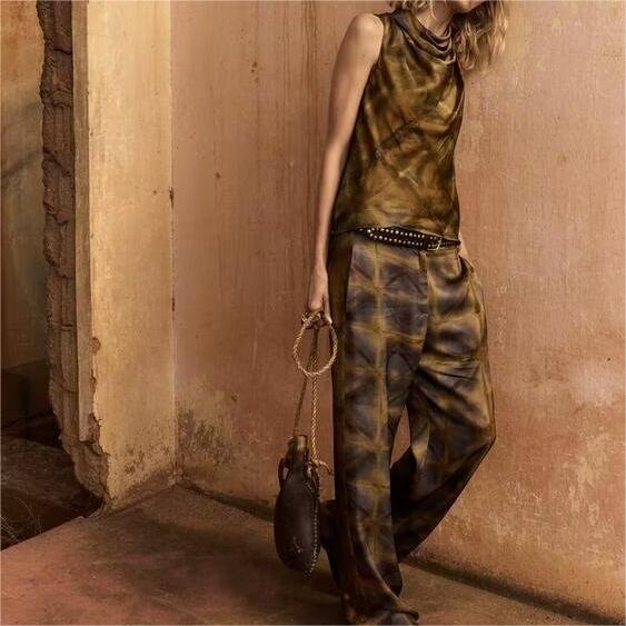 Women's Summer Printed Top Elastic Waist Printing Straight Leg Pants