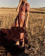 Tropical Print Puff-Sleeve Midi Dress