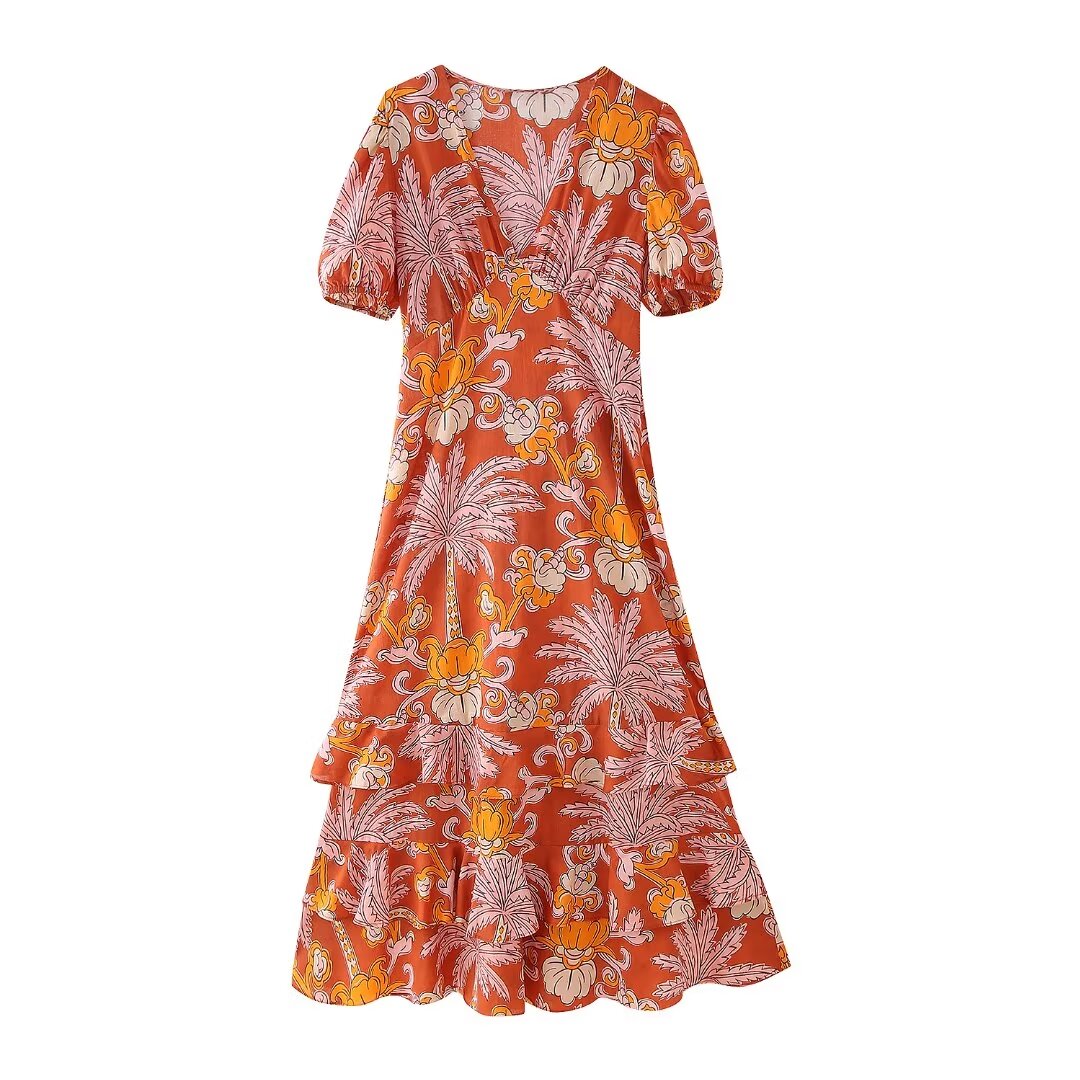 Tropical Print Puff-Sleeve Midi Dress