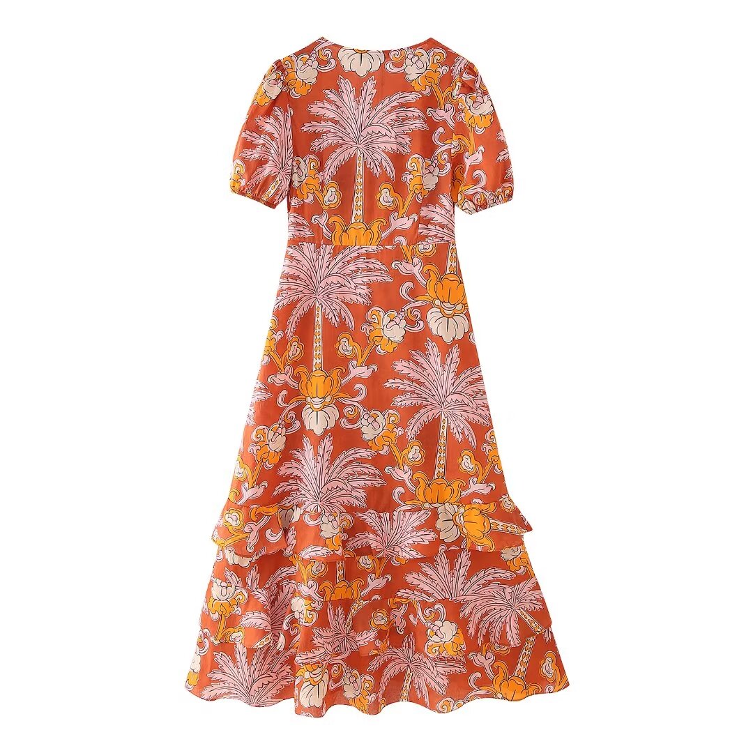 Tropical Print Puff-Sleeve Midi Dress