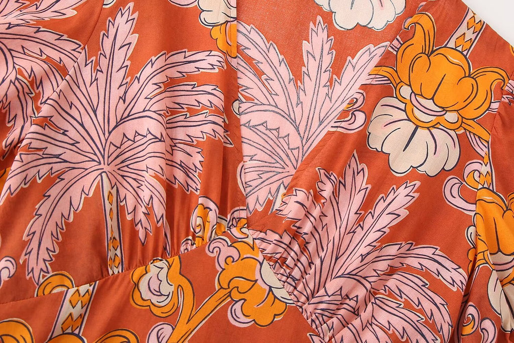 Tropical Print Puff-Sleeve Midi Dress