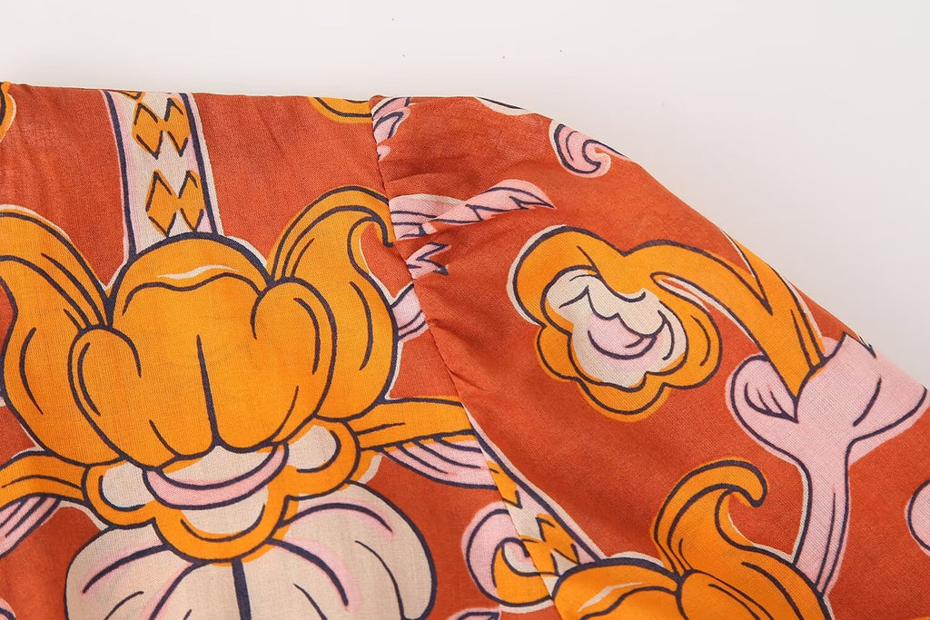Tropical Print Puff-Sleeve Midi Dress